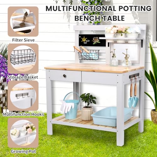 Potting Bench Table Wooden Outdoor Garden Table Work Station Outdoor Garden Work Bench Platform with Removable Sink Hooks 3 Side Flower Pots Natural Wood White