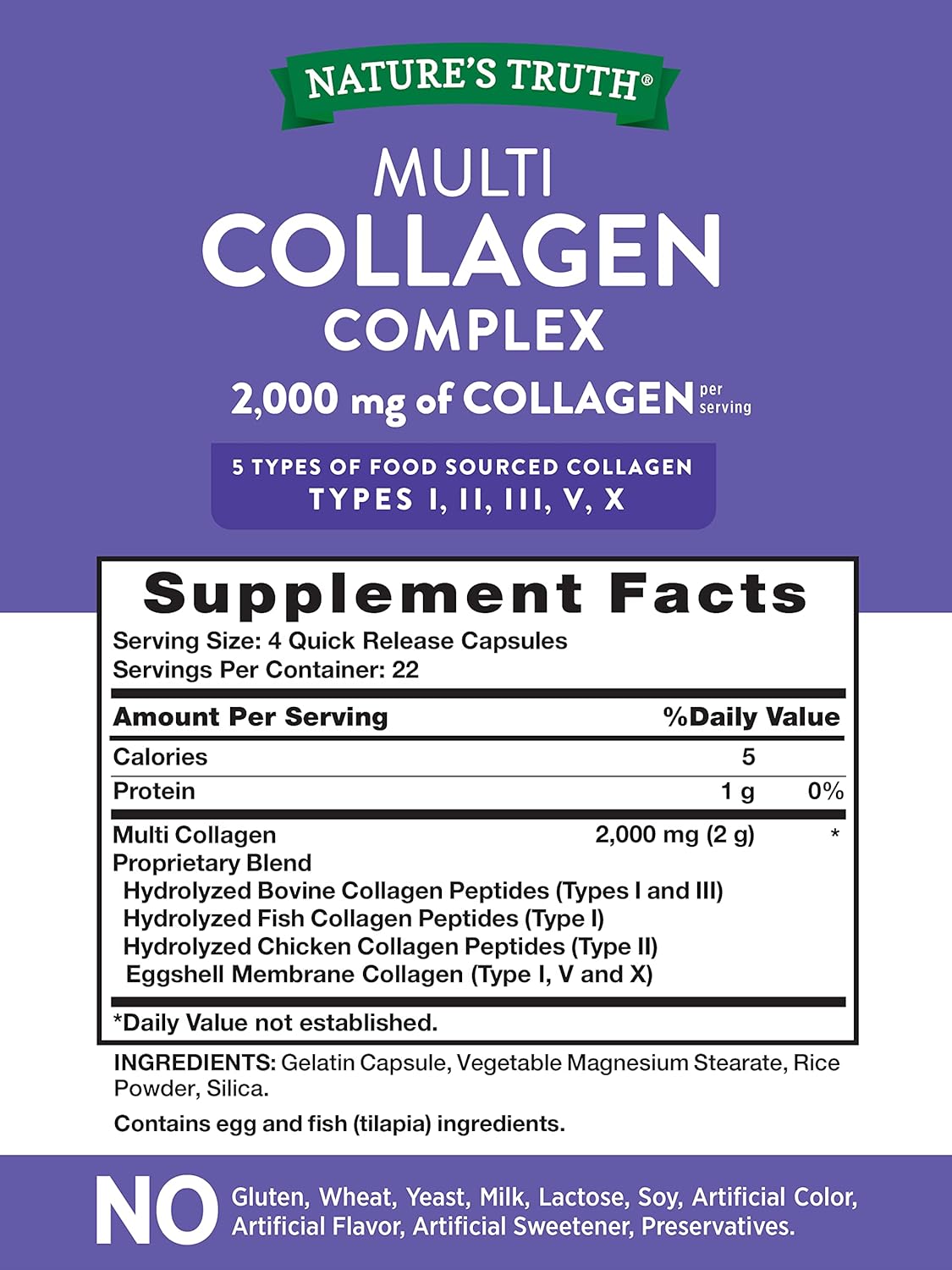 Nature's Truth Multi Collagen Protein Capsules | 90 Count | Type I, II, III, V, X | Collagen Peptide Pills | Gluten Free Supplement