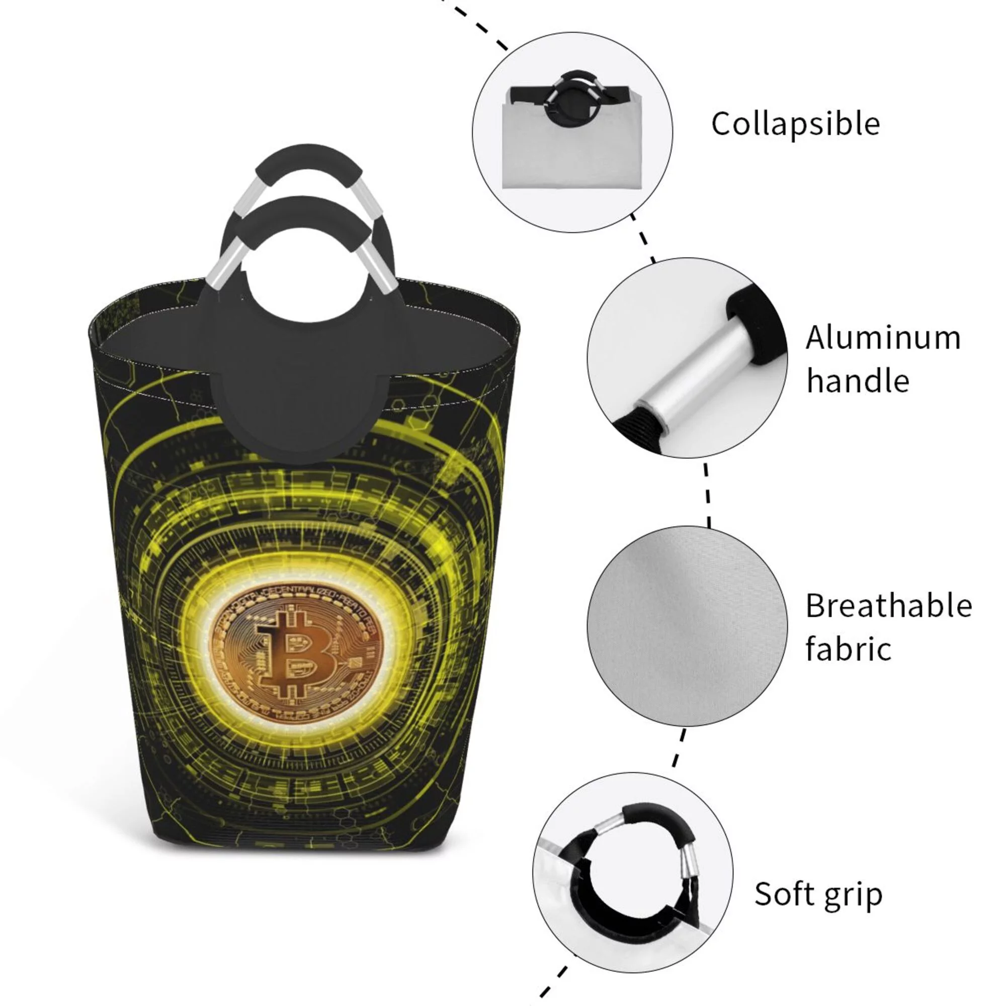 TEQUAN 50L Large Rectangular Laundry Hamper with Aluminum Handles, Crypto Currency Bitcoin Prints Waterproof Foldable Dirty Clothes Basket