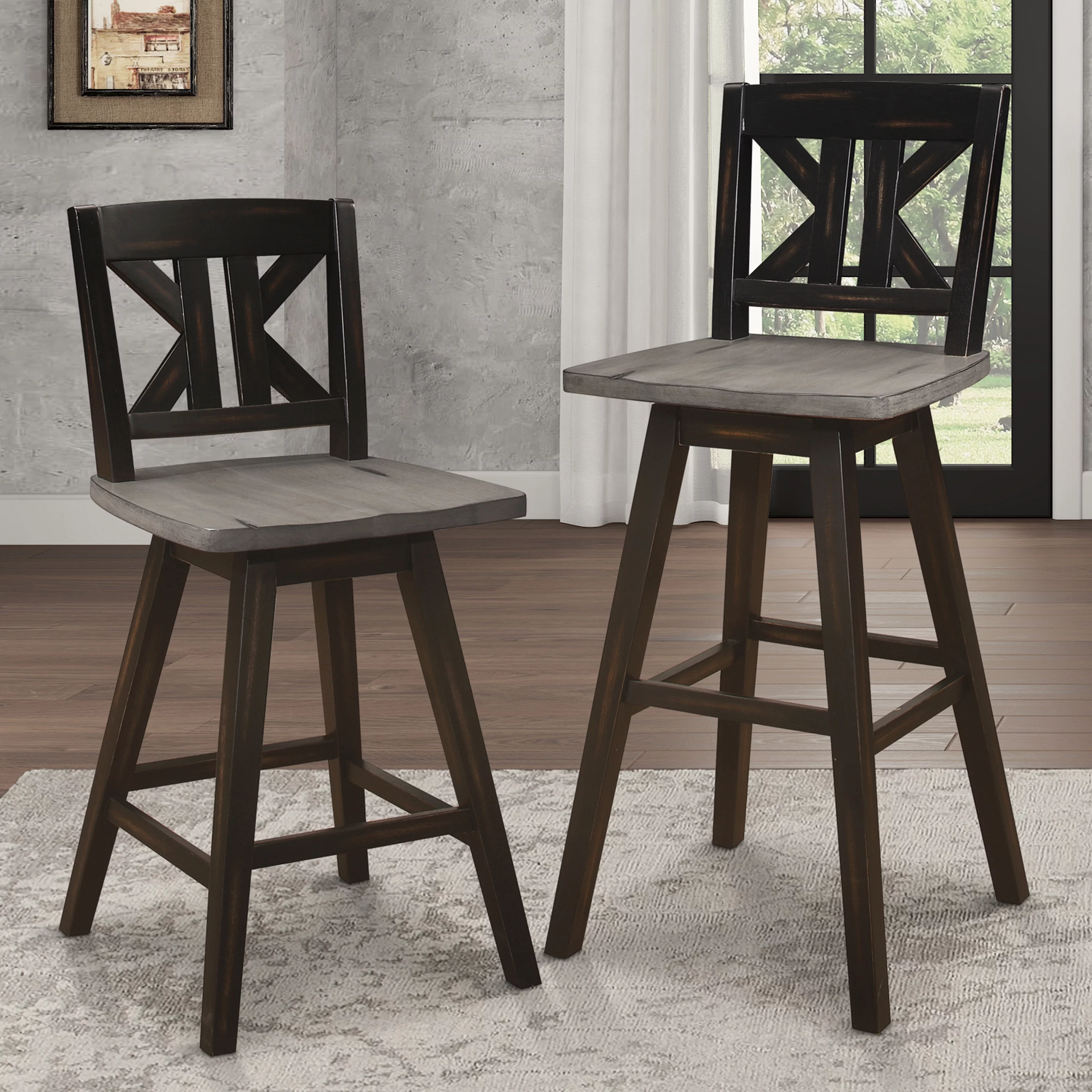 Lexiconhome Amsonia Wood 23.5-in KK-Back Swivel Counter Stool, Black Sand-Through
