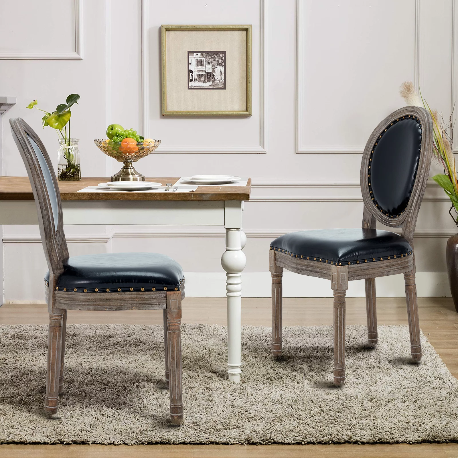 AVAWING Farmhouse Leather Dining Room Chairs 2 PCS, French Chairs with Round Back, Brown Wood Legs, Oval Side Chairs for Dining Room/Living Room/Kitchen/Restaurant, Black