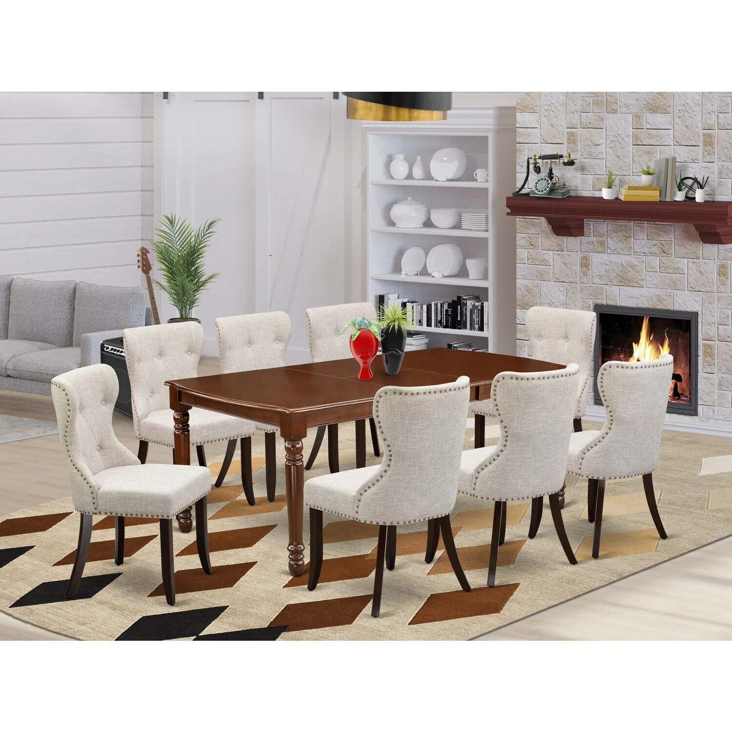 Maykoosh Rococo Radiance Furniture - A Kitchen Dining Table Set Of 8 Fantastic Indoor Dining Chairs Using Linen Fabric Doeskin Color And A Wonderful Dinner Table With Mahogany Finish
