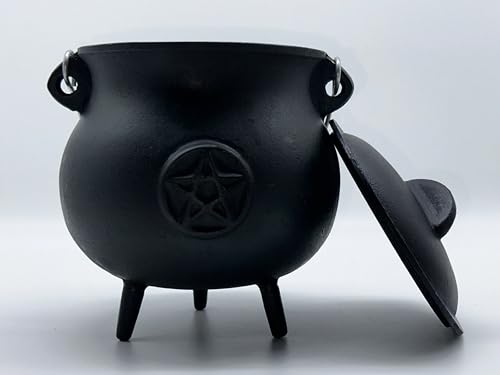 X-Large Pentacle Cast Iron Cauldron with Lid and Handle, 7.5