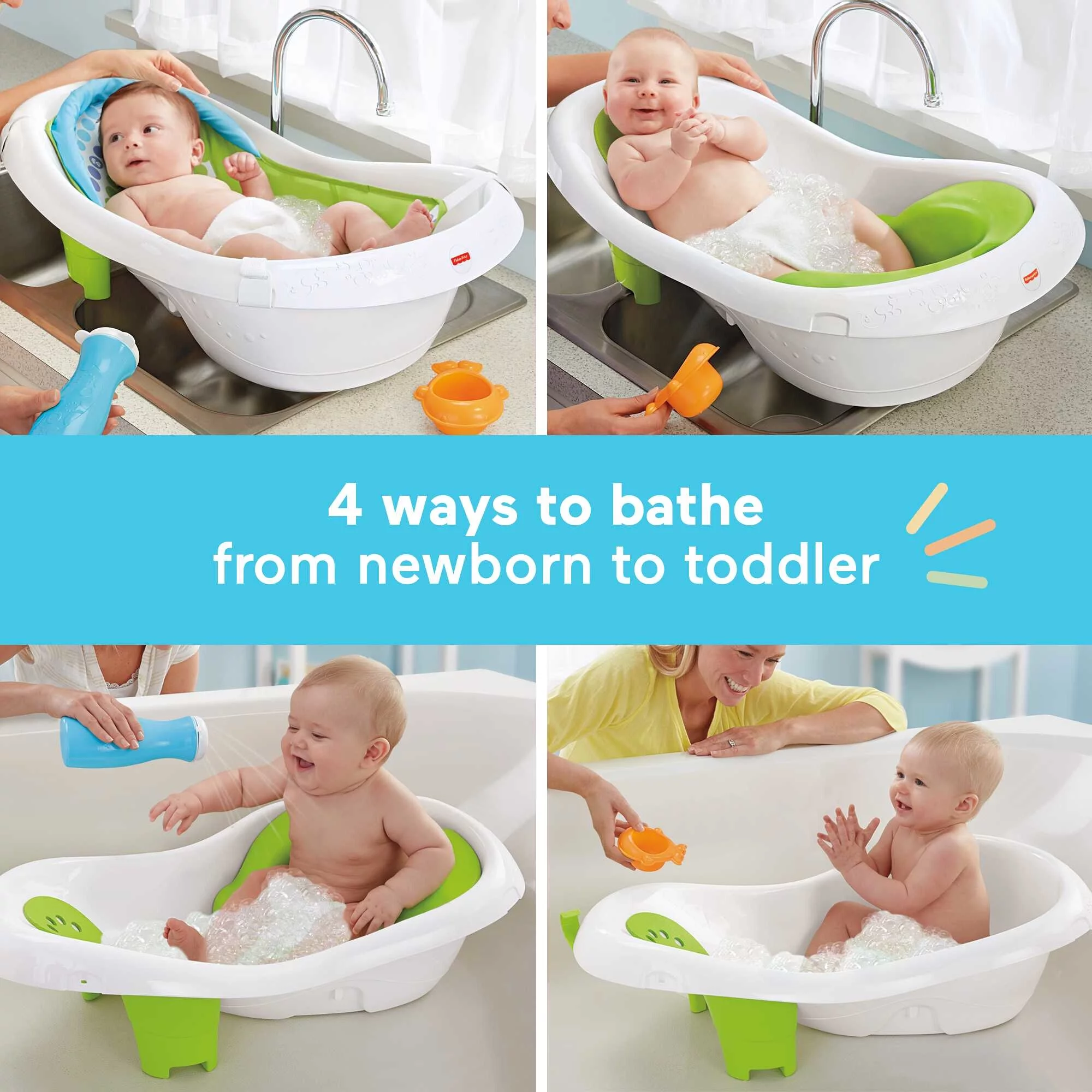 Fisher-Price 4-in-1 Sling ‘n Seat Tub Baby to Toddler Bath with 2 Toys, Green