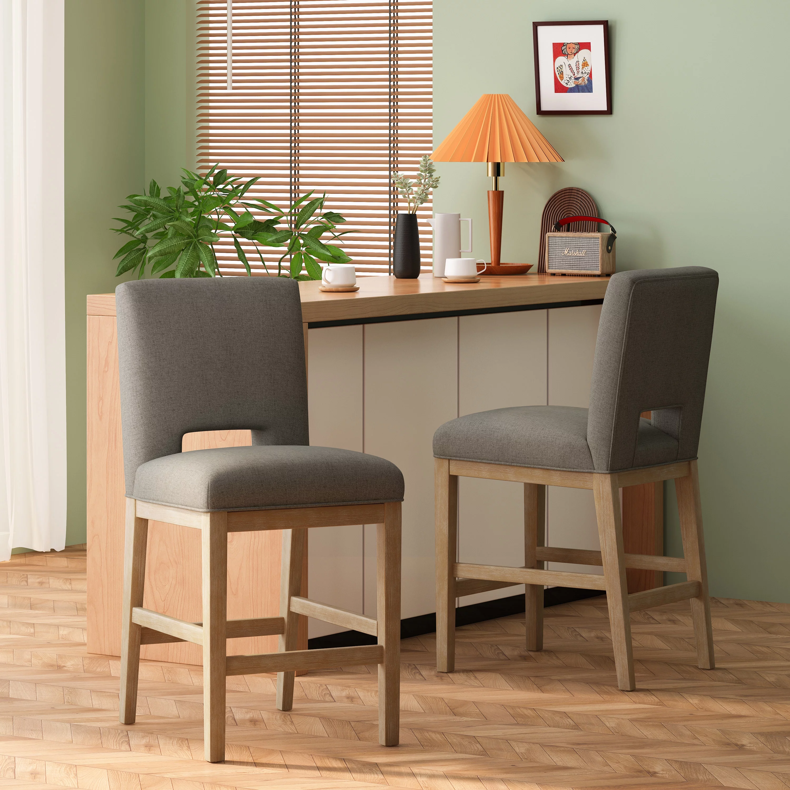 Noble House Elmcrest Fabric Upholstered 27 Inch Counter Stools, Set of 2, Deep Gray and Weathered Natural
