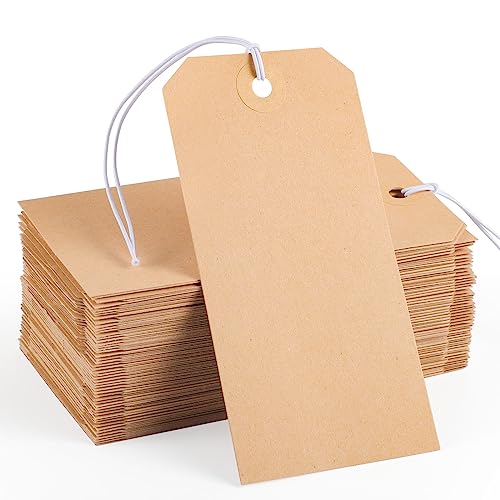 100pcs Large Price Tags with String Attached White Hang Paper Tags with Elastic String Reinforced Hole Writable Gift Tag Inventory Tag Stocking Stuffers 4.76''×2.36''