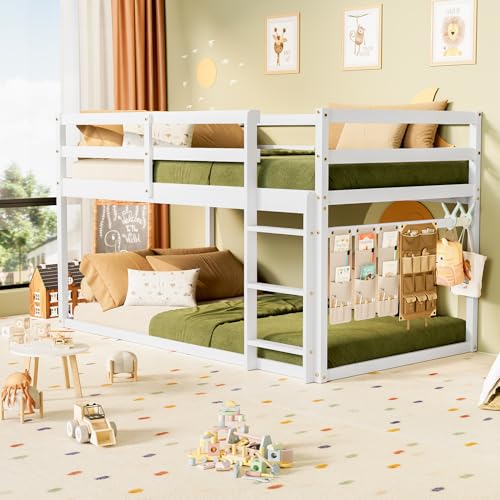 Low Bunk Bed Twin Over Twin, Floor Bunk Bed with Ladder, Twin Bunk Bed with Full Guardrails, Wooden Bunk Bed for Juniors, Boys, Girls, Kids, Bedrooms (Natural)