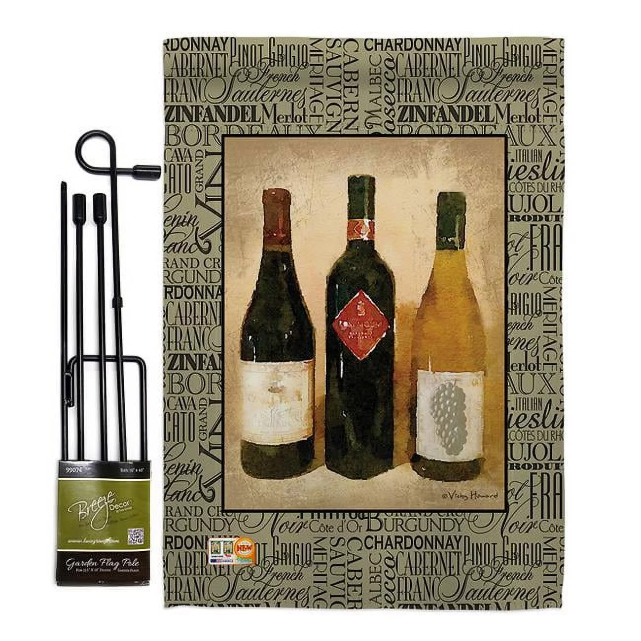 BD-WI-GS-117043-IP-BO-D-US17-AM 13 x 18.5 in. 3 Wine Bottles Happy Hour & Drinks Impressions Decorative Vertical Double Sided Garden Flag Set with Banner Pole