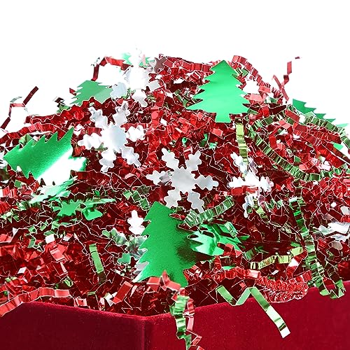 PAPER FAIR 1LB Metallic Red Green Christmas Crinkle Cut Paper Shred Filler w/Tree & Snowflake Confetti, Gift Wrap Packaging Raffia Tissue Strand, Craft Bedding Cushion, Winter Birthday Box Basket