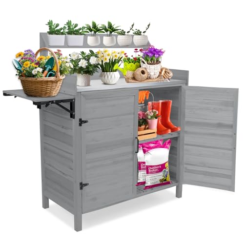 Kalolary Potting Bench for Outside Garden Potting Table with Storage Cabinet Foldable Shelf Multipurpose Garden Workstation Wooden Outdoor Potting Bench for Patio Garden Horticulture(Grey)