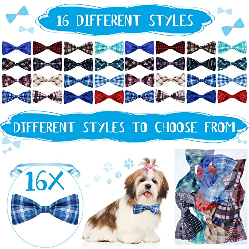 16 Pieces Dog Bow Ties Slide Hawaiian Styles Dog Collar Attachment Bows with Rubber Bands Dog Bow Ties for Large Dogs Spring Summer Grooming Independence Day(Classic Style)