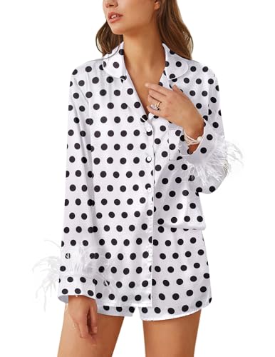 Ekouaer Women's Bridal Feather Trim Silk Satin Pajama Set Long Sleeve Lounge Sets Sleepwear (Removable Feather)