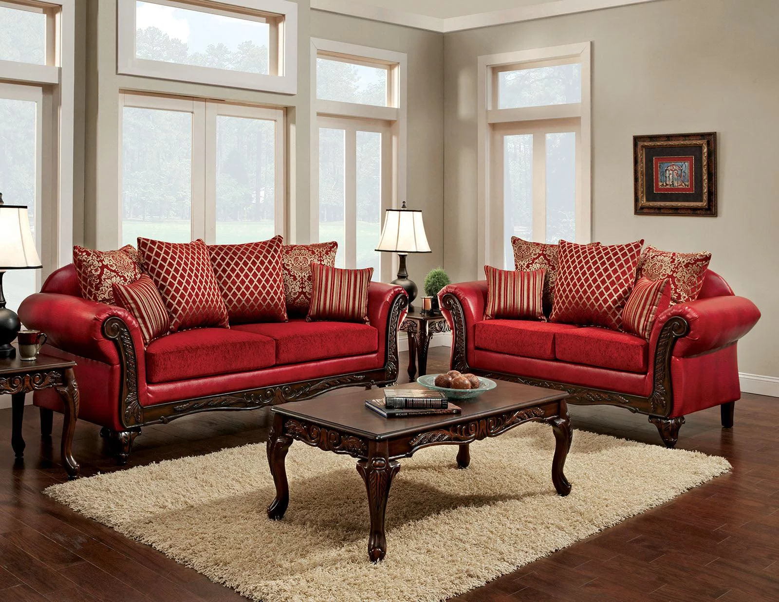 Traditional Red Leatherette Sofa and Loveseat Furniture of America Marcus