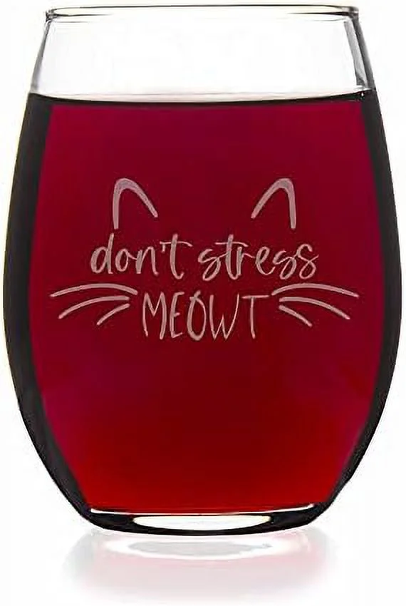 Dont Stress Meowt Cat Lover Stemless Wine Glass - Kitten, Cat Lover, Cat Gift, Pet Gift, Cat Wine Glass