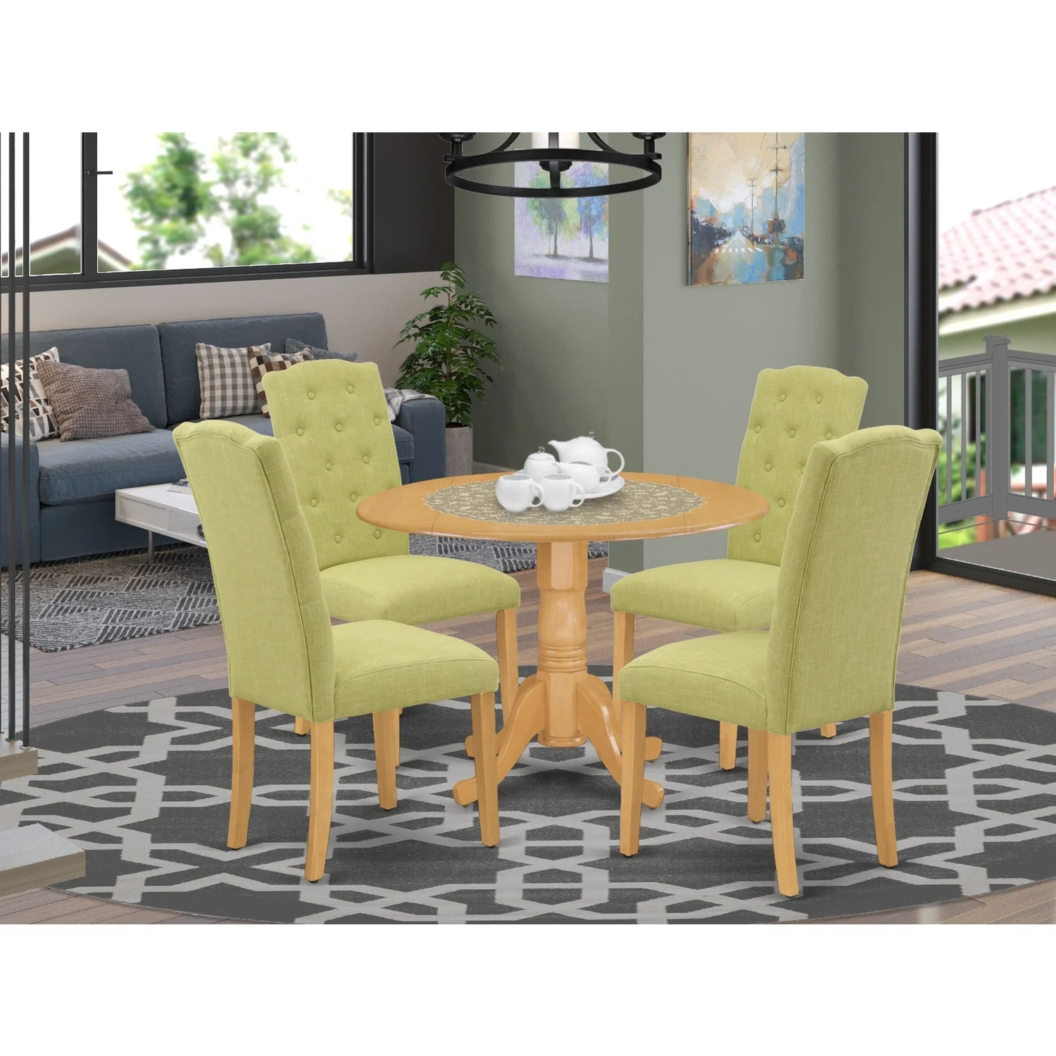 HomeStock Artistic Accomplishment 5Pc Dining Set Includes A Small Round Dinette Table With Drop Leaves And Four Parson Chairs With Lime Green Fabric, Oak Finish