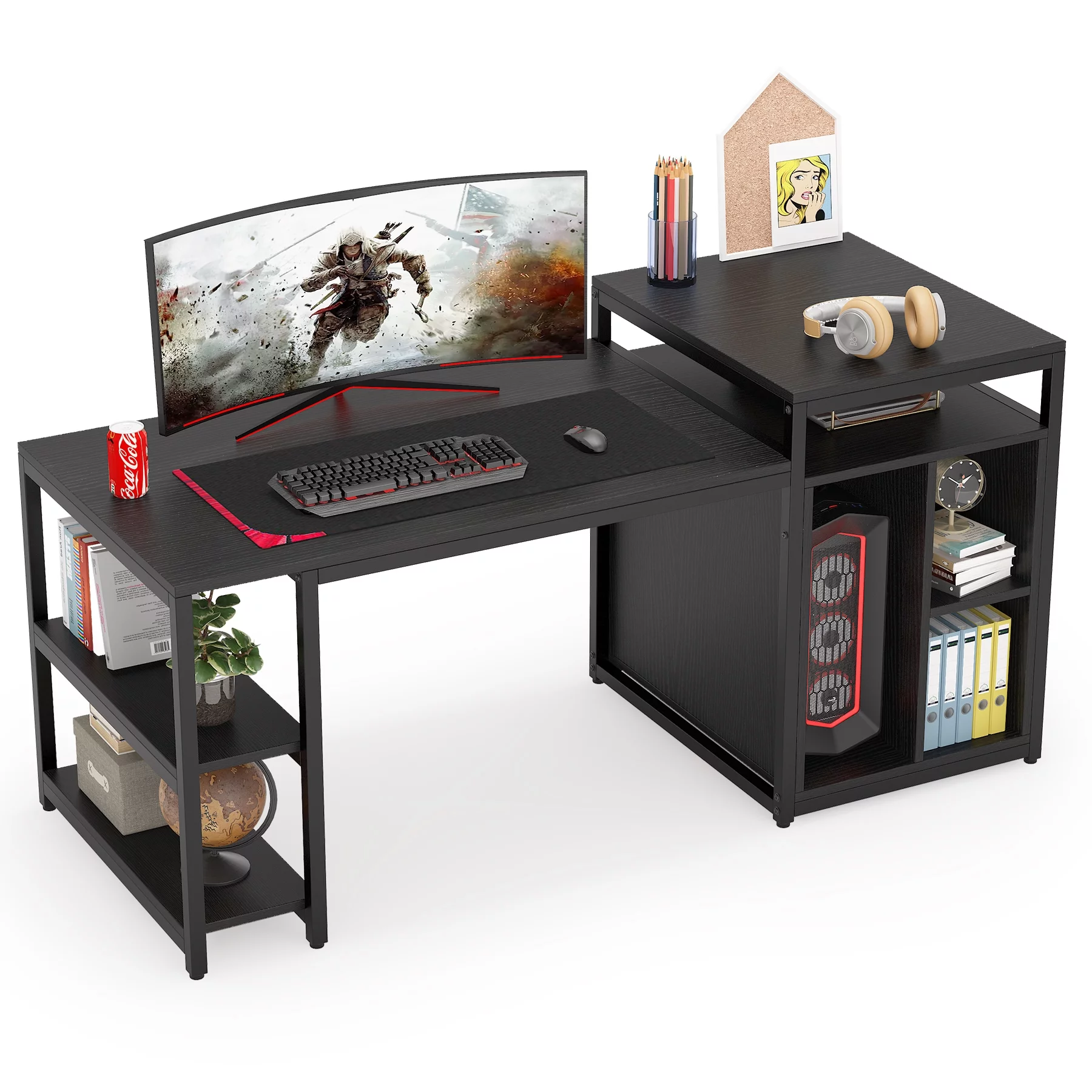 Tribesigns Extra Large Computer Desk with Storage Shelf, Home Office Desk with Printer Stand & Cabinet Bookcase Combo, Writing PC Table with Space Saving Design