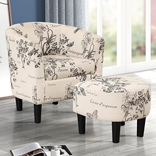 xrboomlife Modern Accent Chair with Ottoman  Upholstered Barrel Reading Chair with Foot   Comfy Fabric Armchairs for Living Room Bedroom Small Spaces  Easy to Assemble (Flower)