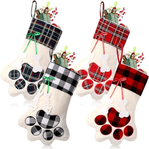 Realspring 4 Pcs Large Christmas Paw Stockings for Dog Cat Pet Christmas Hanging Stocking with Bone Pattern Tags for Puppy Xmas Gifts Party Fireplace Tree Decoration(Red and Black,Classic)