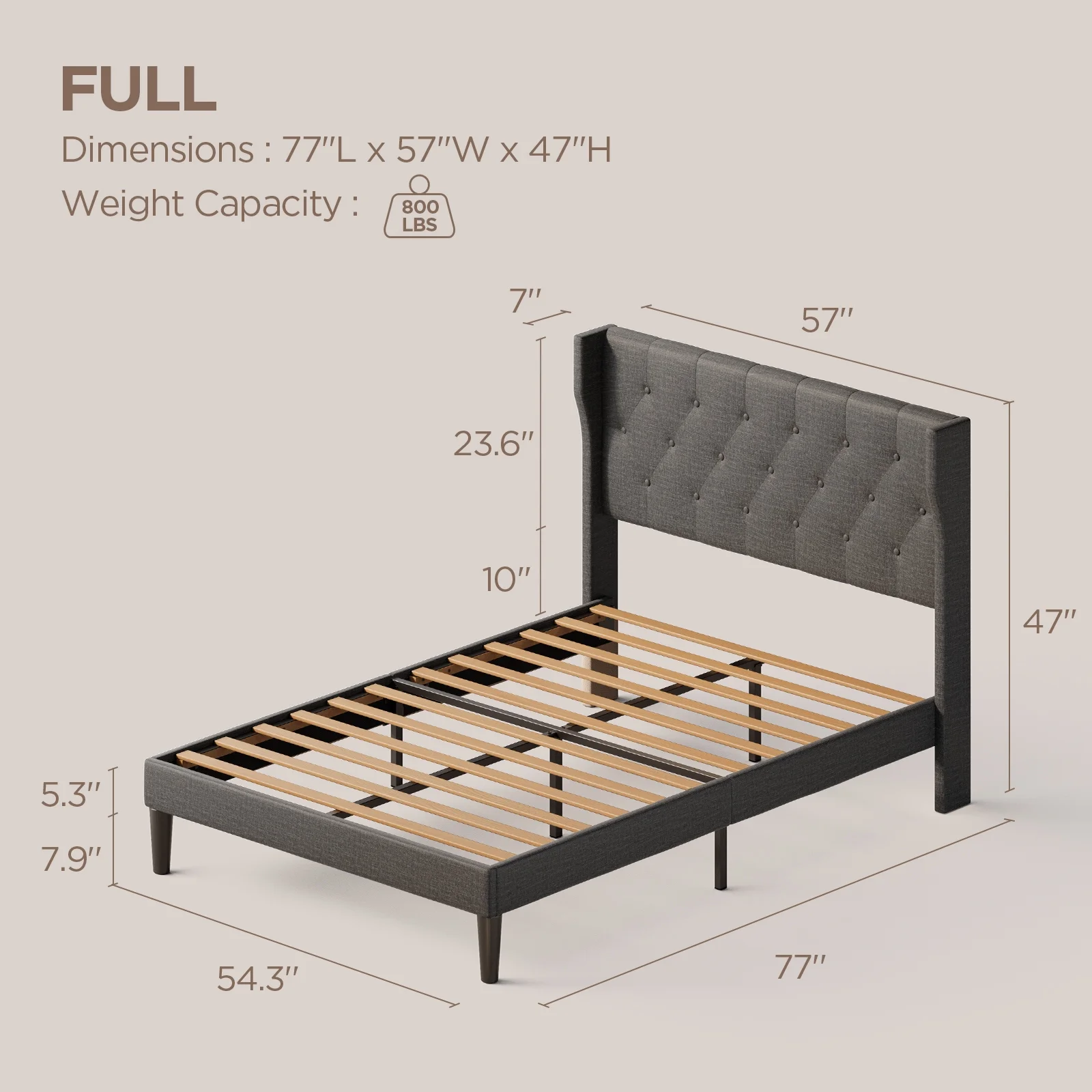 Lofka Bed Frame Full Size with with Button Tufted Headboard, Bed Frame with Mute Bars Design, Dark Gray