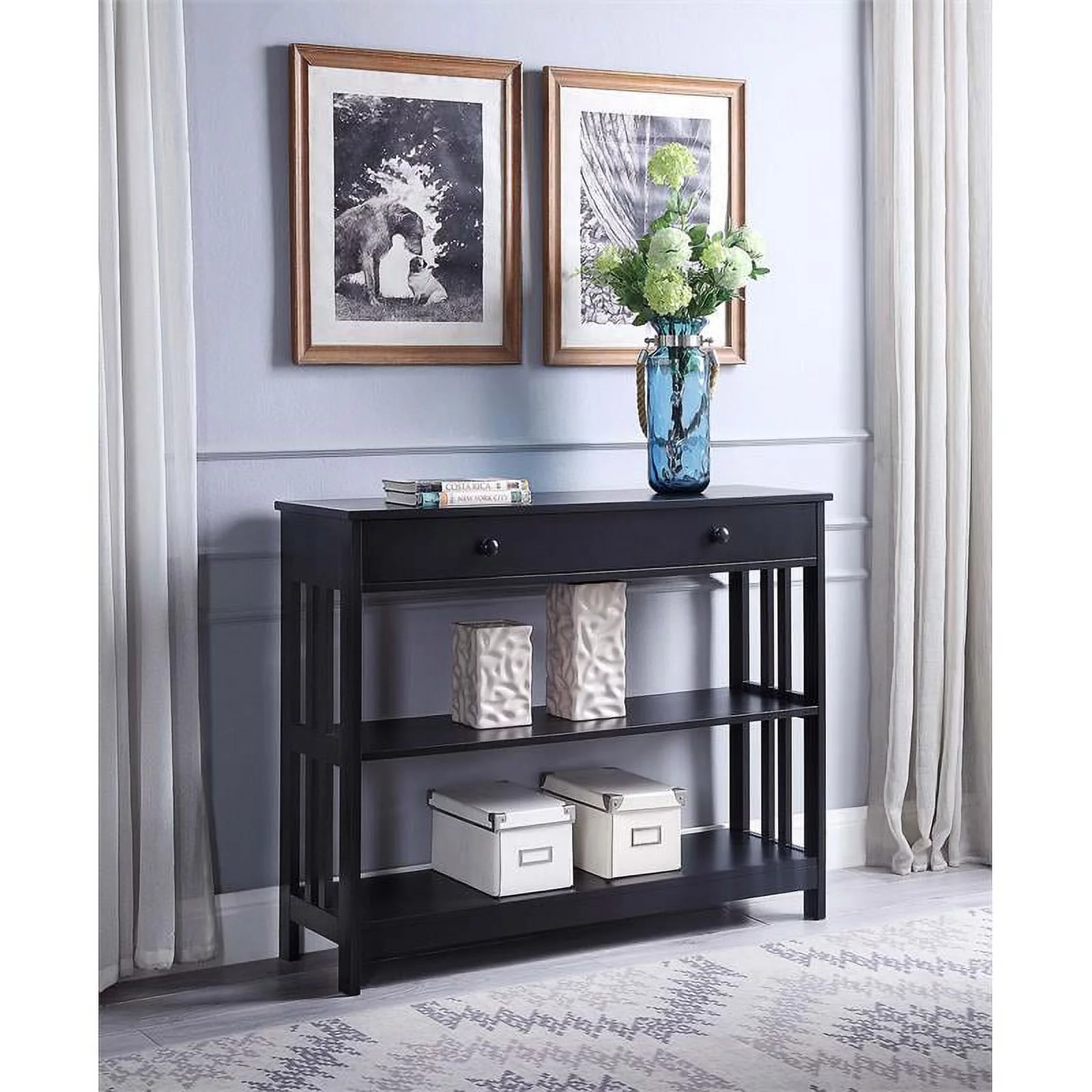 Pemberly Row Transitional Mission One-Drawer Console Table in Black Wood Finish