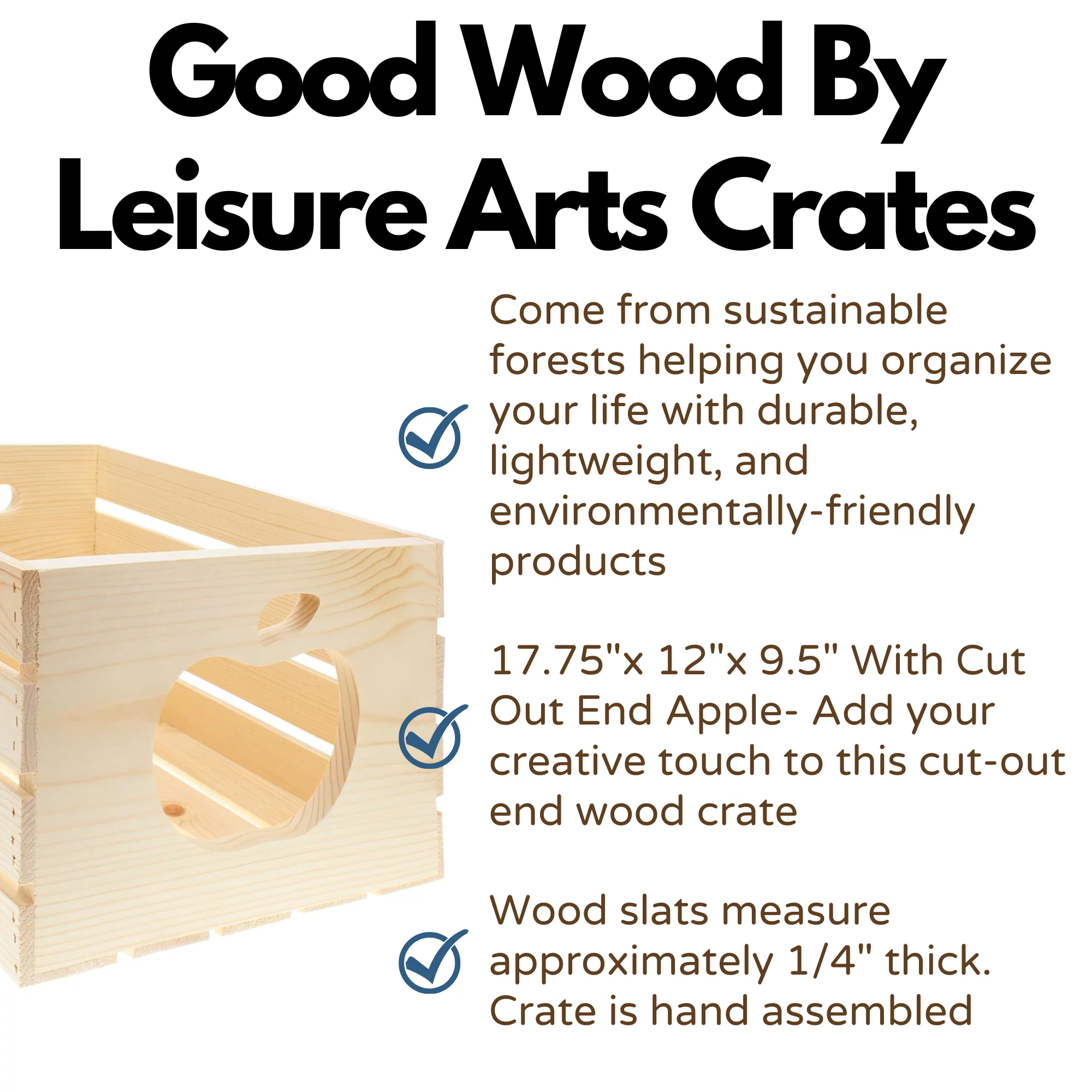 Leisure Arts Good Wood Wooden Crate with apple cutout, wood crate unfinished,  wood crates for display, wood crates for storage, wooden crates unfinished, Pine, 17.75