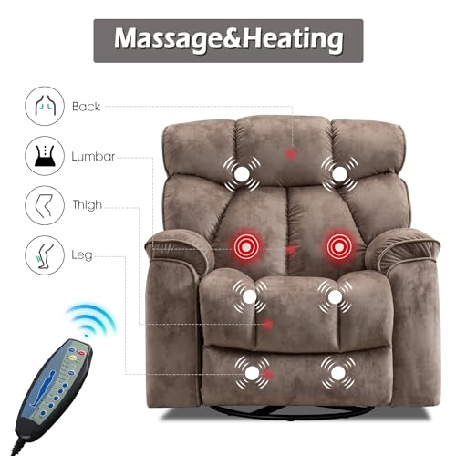 INZOY Massage Swivel Rocker Recliner with Heat and Vibration, Manual Rocking Recliner Chair with Vibrating Massage, Comfy Padded Overstuffed Soft Fabric Heated Recliner, Brown