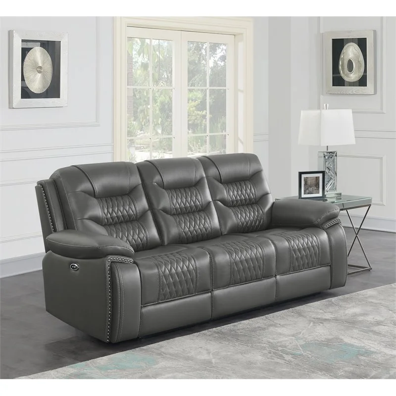 Bowery Hill Contemporary Tufted Upholstered Faux Leather Power Sofa in Charcoal