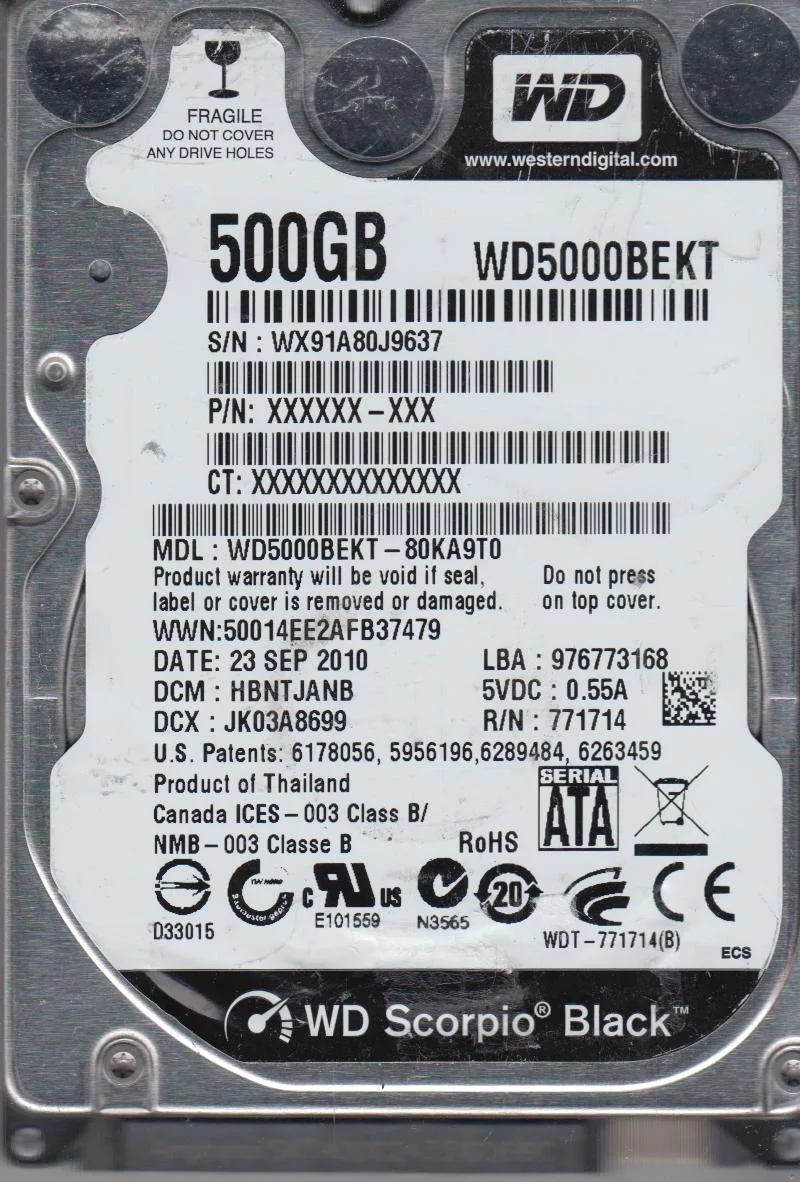 WD5000BEKT-80KA9T0, DCM HBNTJANB, Western Digital 500GB SATA 2.5 Hard Drive
