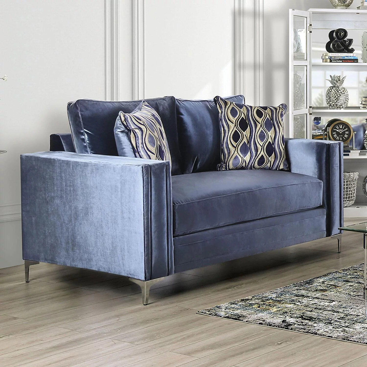 Contemporary Satin Blue & Silver Microfiber Loveseat FOA SM2687-LV Jodie
