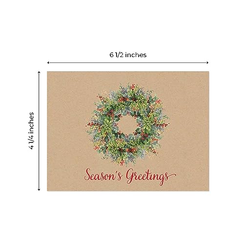 Masterpiece Holiday Greetings Trimmed In Scarlet Christmas Cards / 16 Boxed Snowy Cardinal Wreath Holiday Cards With Silver Foil Lined Envelopes / 5 5/8