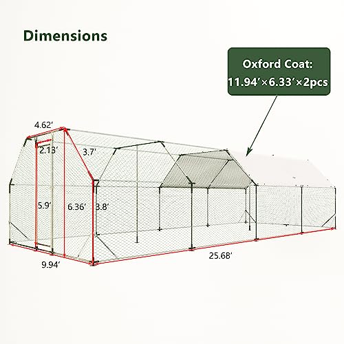Large Metal Chicken Coop, Walk-in Chicken Run Cages with Waterproof and Anti-Ultraviolet Cover for Outside(10' L x 26 W x 6.56' H) Dome Top