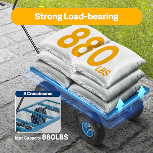 VIVOHOME Heavy Duty 880 Lbs Capacity Mesh Steel Garden Cart Folding Utility Wagon with Removable Sides and 4.10/3.50-4