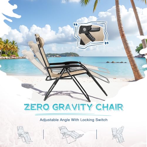 Greesum Zero Gravity Chairs Set of 2 Adjustable Steel Mesh Recliners Beach Deck Lawn Camping Patio Foldable Lounge Chair with Cup Holder Trays and Pillows,Brown