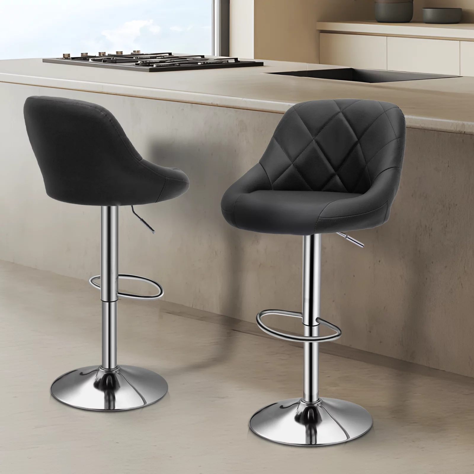 Magshion Set of 2 Faux Leather Adjustable Bar Stools 360 Degree Swivel Barstools with Backrest Footrest Black