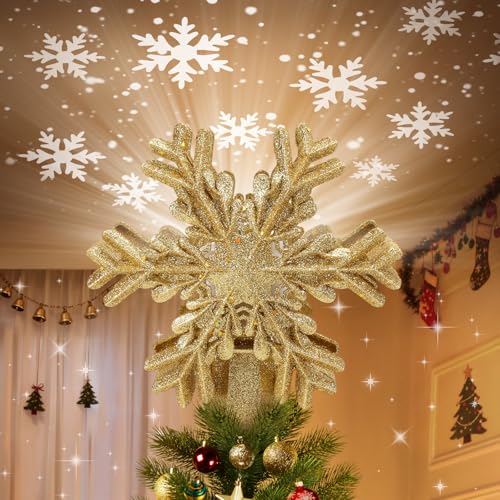 Christmas Tree Topper Lighted with Built-in LED Rotating Snowflake Projector, 3D Hollow Glitter Silver Snowflake Tree Topper for Xmas Party Holiday Christmas Decorations
