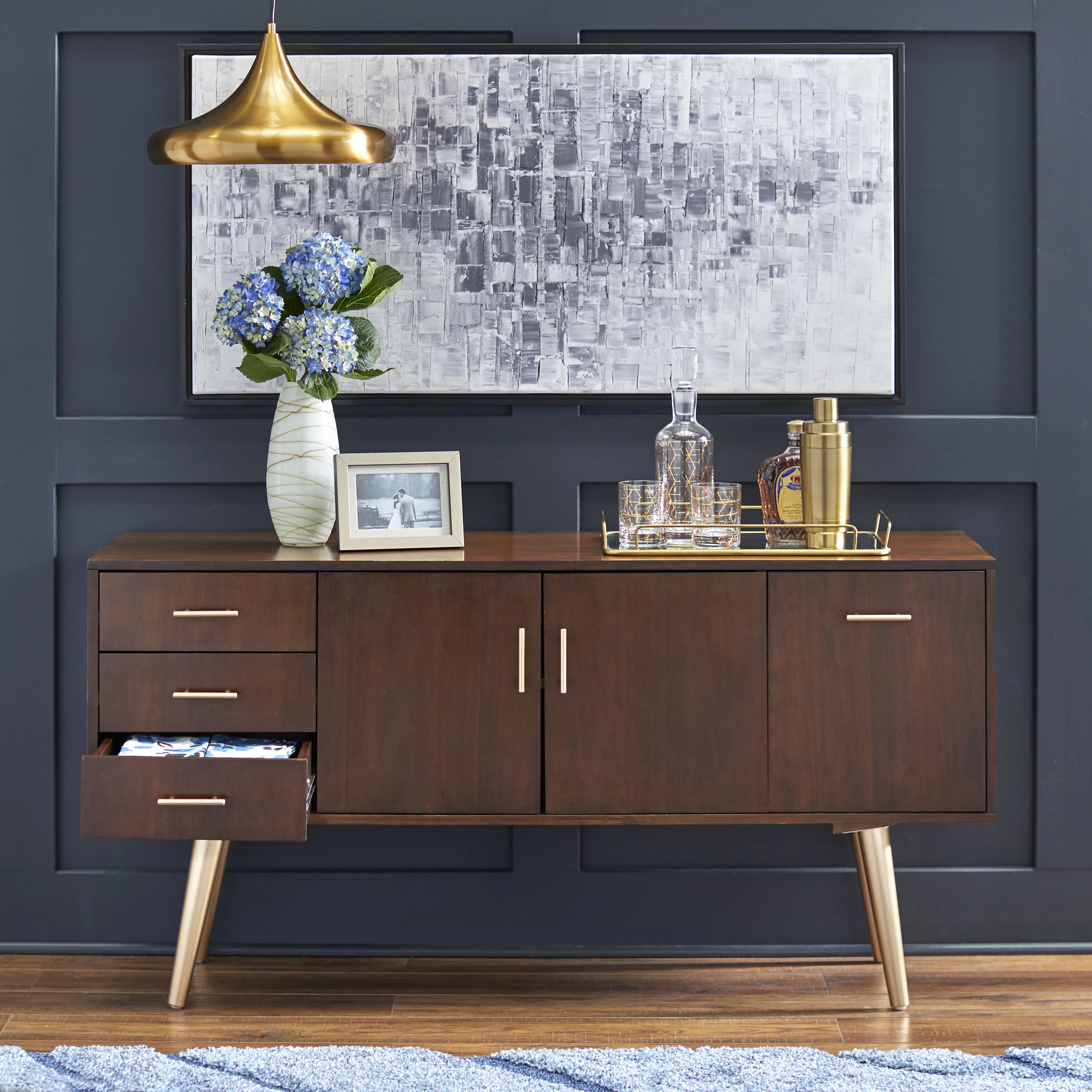 TMS Maura Mid-Century Modern 56” Wide Dining Room Sideboard Buffet, Walnut Finish