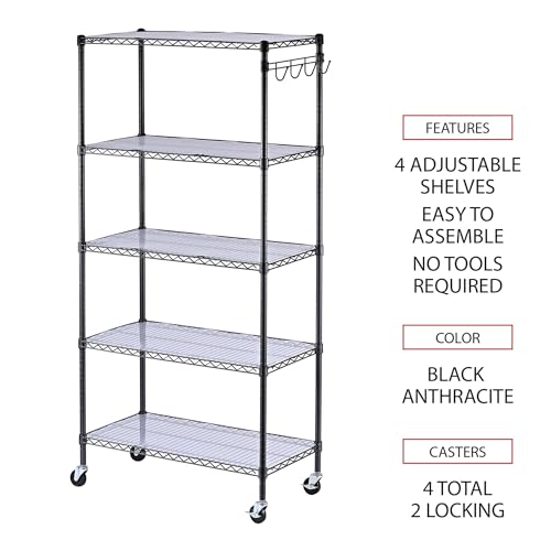 Alera 5-Shelf Wire Shelving Kit with Casters and Shelf Liners, 48w X 18d X 72h, Black Anthracite