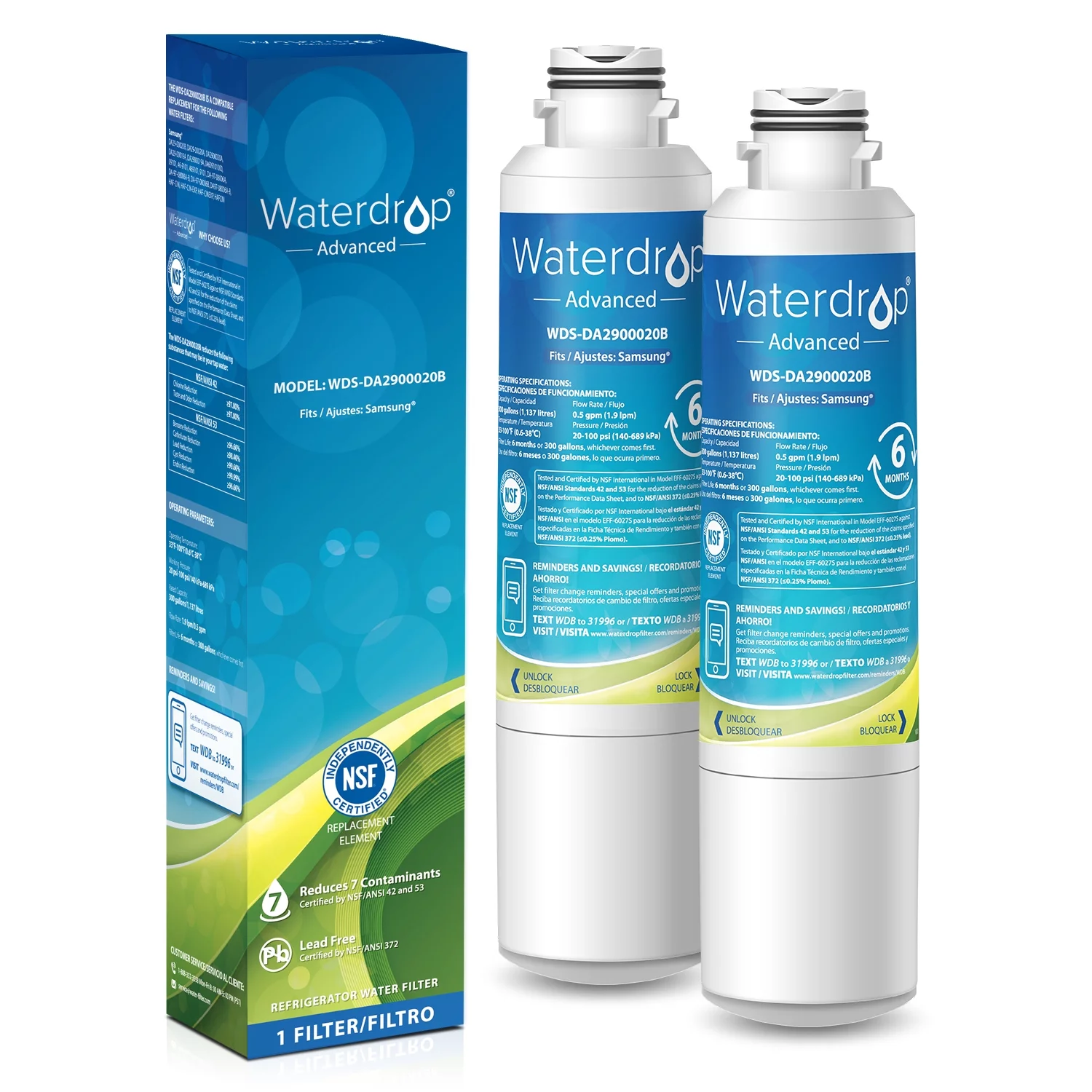 Waterdrop DA29-00020B Refrigerator Water Filter, Replacement for  Samsung DA97-08006A-BDA29-00020B, DA29-00020B, Haf-Cin/Exp, 46-9101, RF24FSEDBSR, RF4267HARS, RF28HFEDBSR, 2 Pack