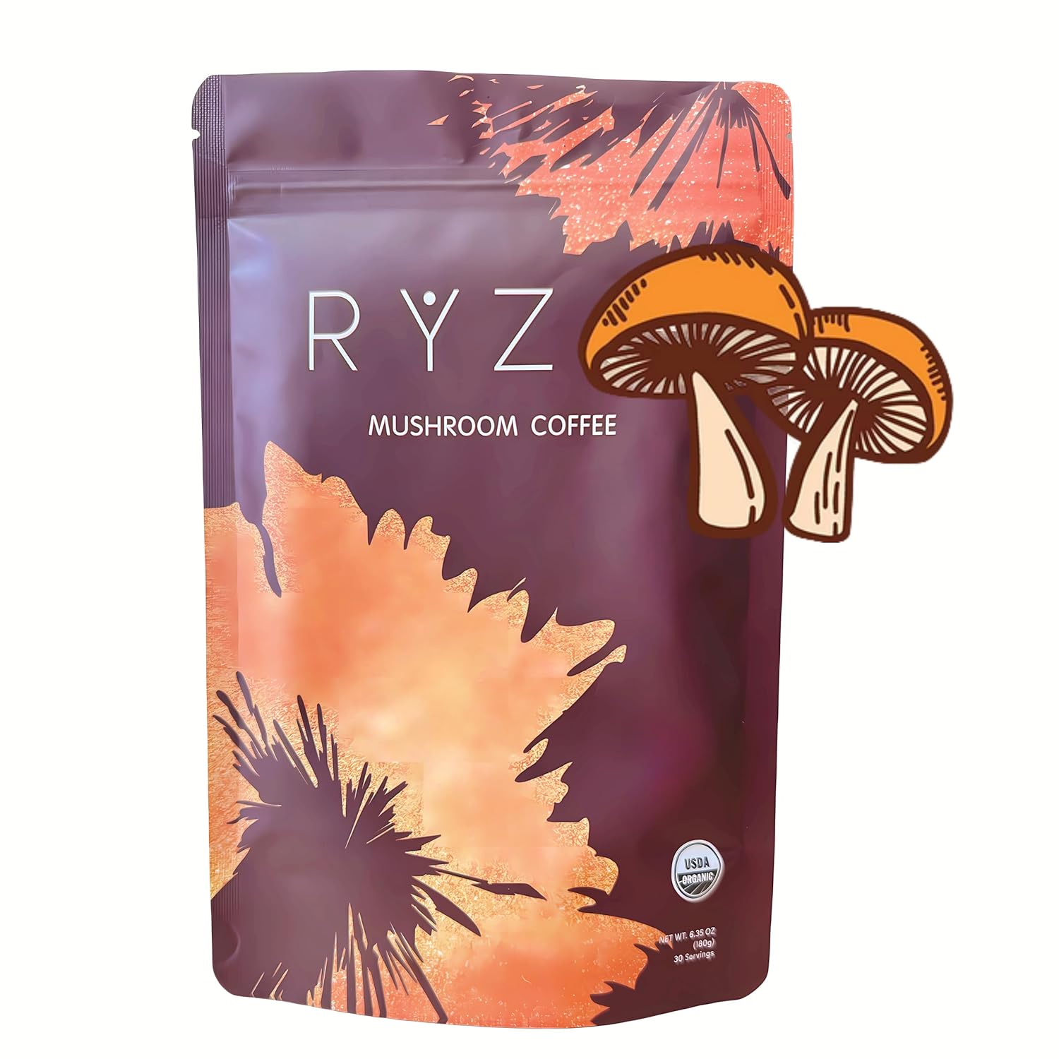 RyYZe Mushroom Coffee, Original Mushroom Coffee, Medium Roast, 6.35oz (180g), 30 Days Supply, Organic Mushroom Coffee: Energize the Day, Enhance Health