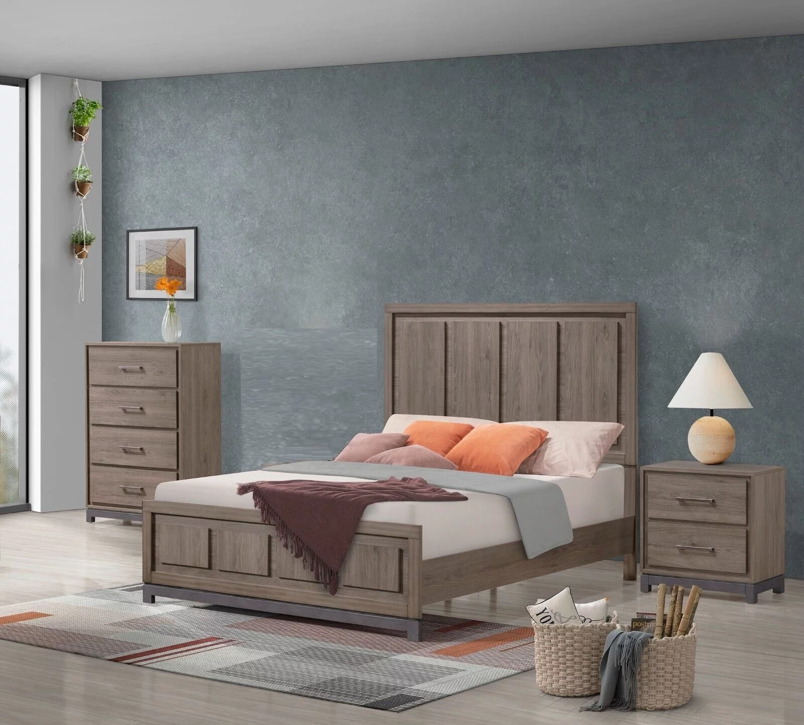 3Pc Contemporary Bedroom Set Brown Wood Finish Queen Size Bed Nightstand Chest Furniture