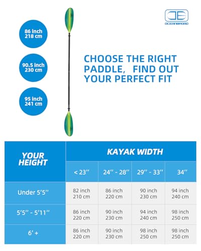 OCEANBROAD Kayak Paddle 86in/218cm, 90.5in/230cm, 95in/241cm Alloy Shaft Kayaking Boating Canoeing Oar with Paddle Leash
