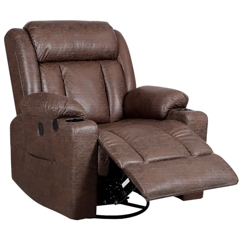 Retro Rocking Recliner Chair, Massage Rocker Recliner Chair with Vibration Massage and Heat, USB and Type-C Ports,360° Swivel Chairs,Living Room, Bedroom, Nursery, RV, Brown