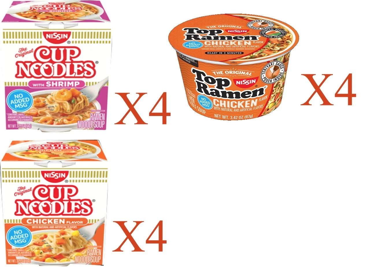 Nissin Cup O Noodles Instant Cup 12 Count, 4 Shrimp, 4 Chicken & 4 Chicken Top Ramen Bowl Lunch / Dinner Variety, 3 Flavors