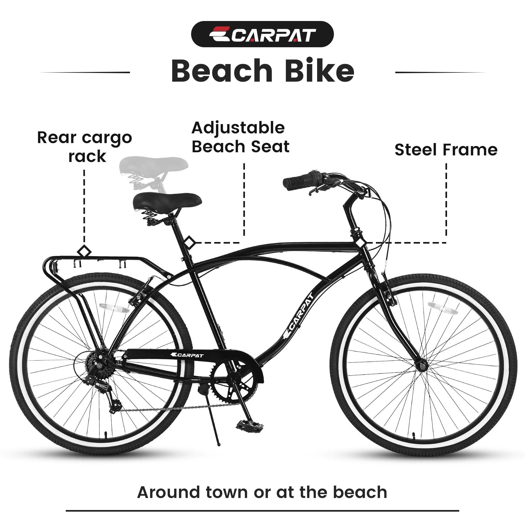 26-inch Bicycle with 7 Speeds, SEGMART Upgrade Adult Bike with Adjustable Beach Seat, Lightweight Steel Beach Cruiser Bike with Rear Cargo Rack, Black