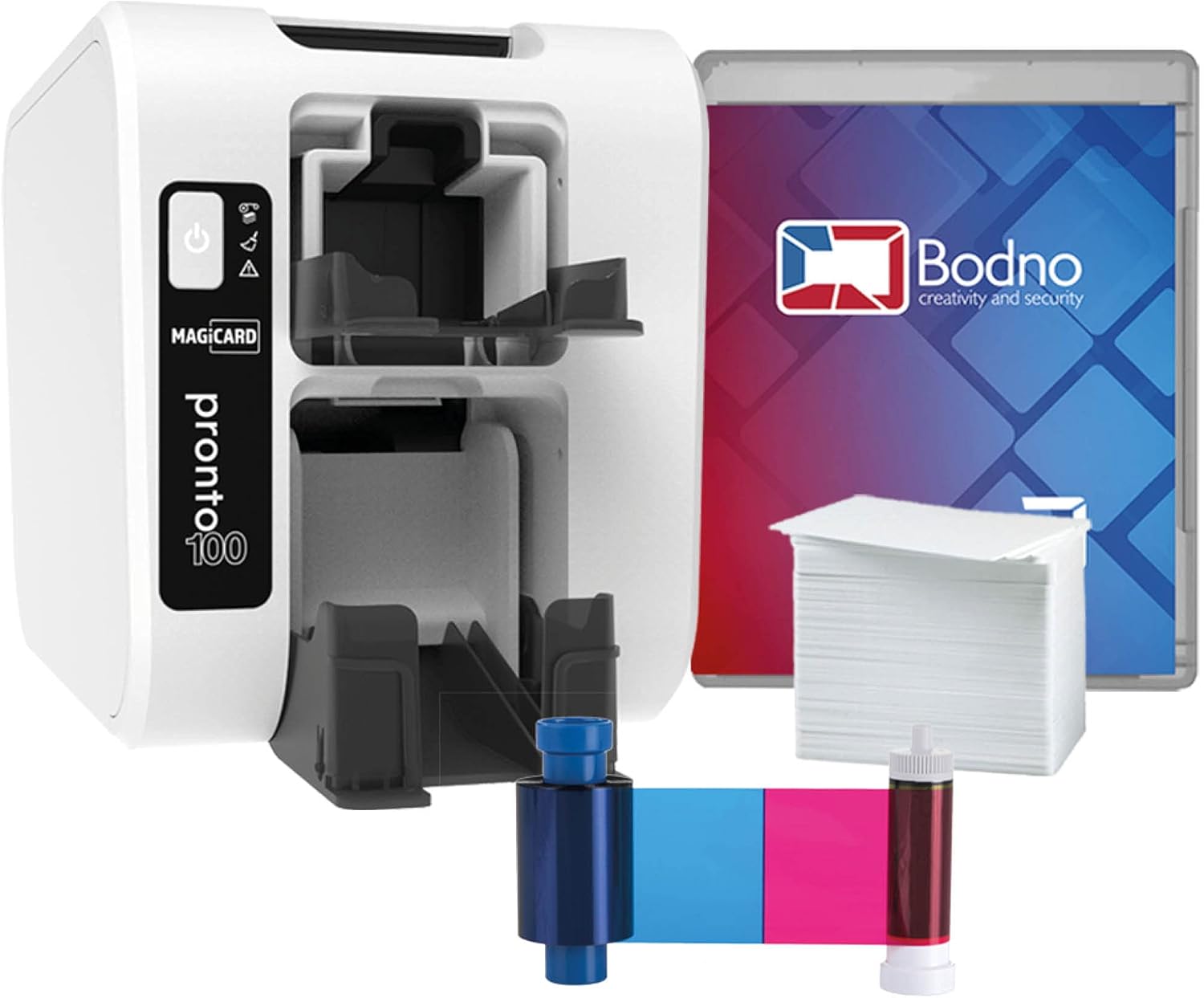 Magicard Pronto 100 ID Card Printer & Complete Supplies Package with Bodno ID Software and Camera - Bronze Edition