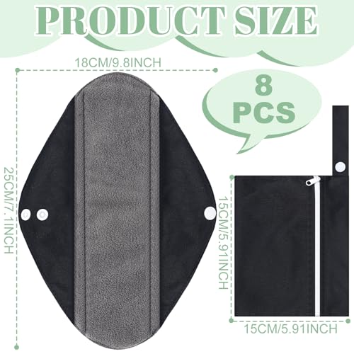 8 Pack Reusable Menstrual Pads Bulk Washable Sanitary Pads Cloth Menstrual Period Pads Panty Liners Incontinence Pads Sanitary Napkins with Wet Bag for Women Teen(Black Style)