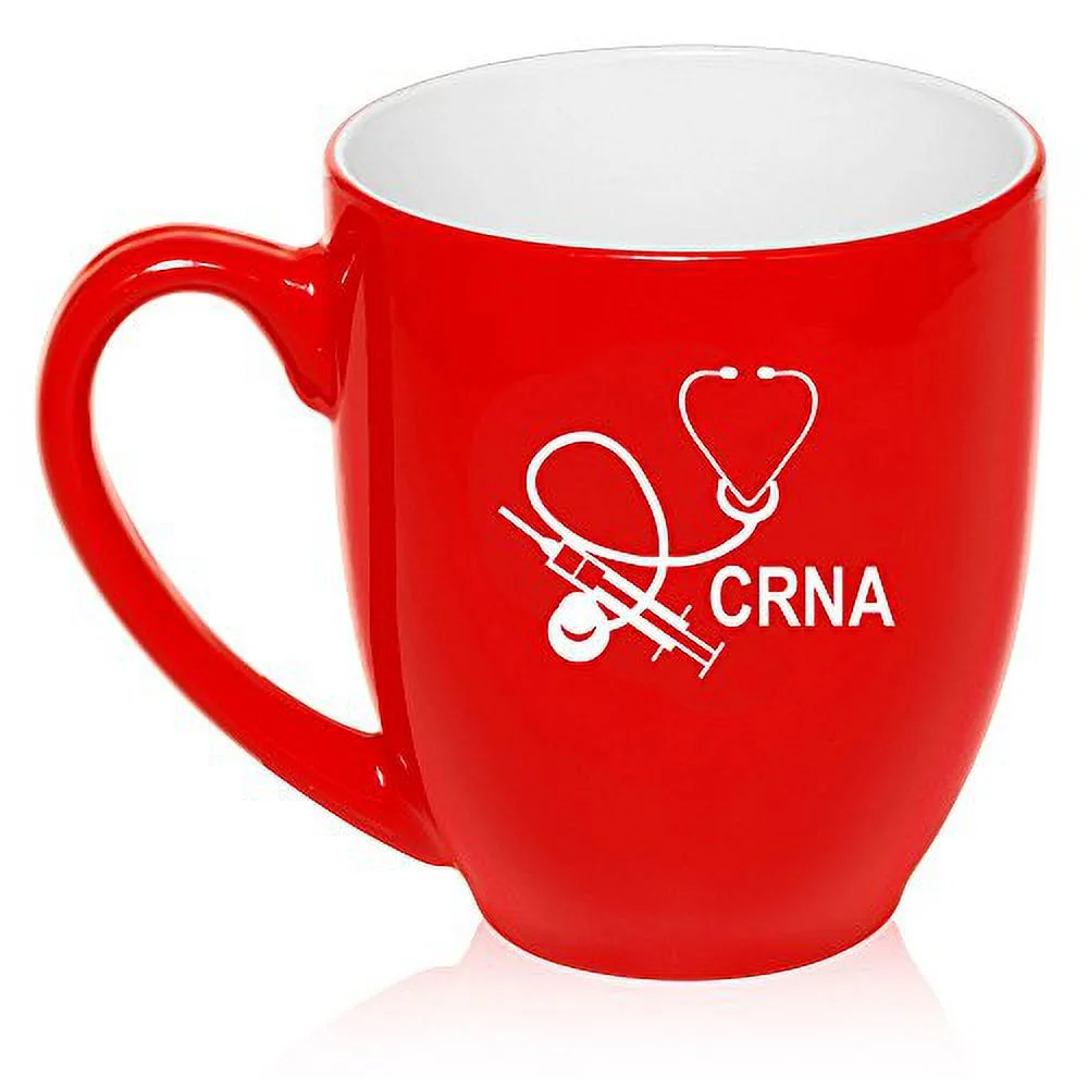 16 oz Large Bistro Mug Ceramic Coffee Tea Glass Cup CRNA Nurse Anesthetist Anesthesiology (Red)