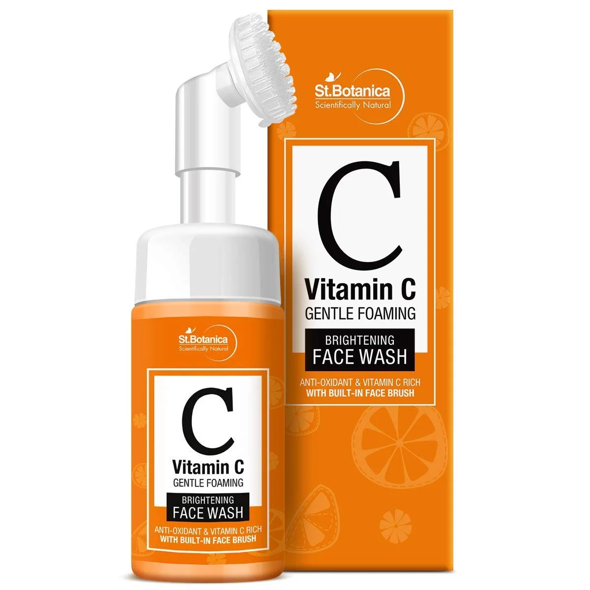 St.Botanica Vitamin C Brightening Foaming Face Wash with Built in Brush, 120ml with Vitamin C for Clean, Clear & Bright Skin | No Parabens & Sulphates | Vegan &