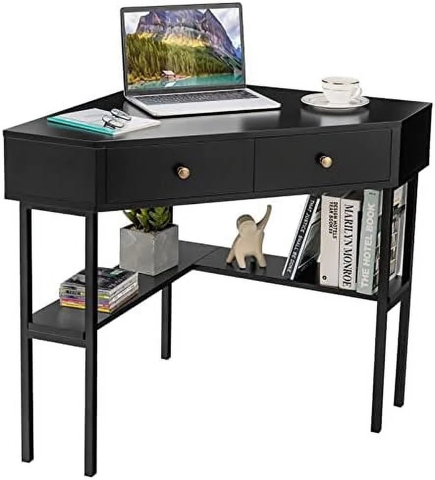 YZboomLife Corner Desk with 2 Drawers  90 Degrees Triangle Corner Computer Desk for Small Space  Bedroom Corner Makeup Vanity Desk with  Shelves & Steel Frame  Space Saving Corner Wri
