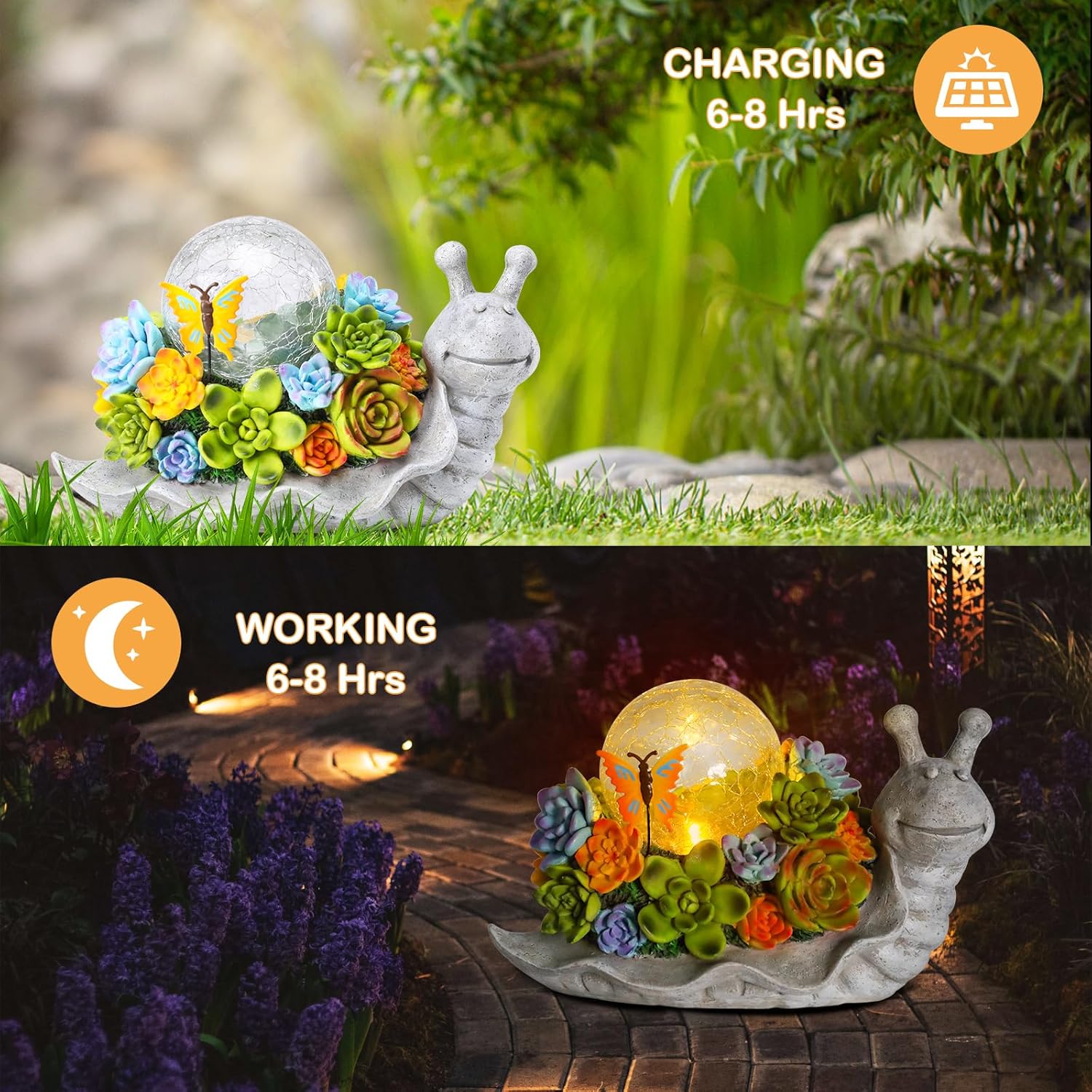 Afirst Solar Garden Statues Outdoor Figurines Snail with Succulent Lawn Ornament with Solar Lights Cracked Glass Outdoor Decor for Patio Yard Decorations Gift
